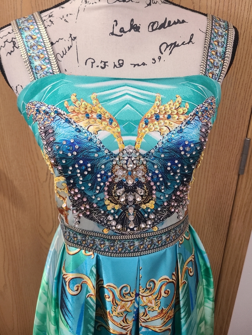 Satin Peacock Butterfly Bird Rhinestone Formal Wedding Guest Cocktail Midi Dress - Picture 3 of 5